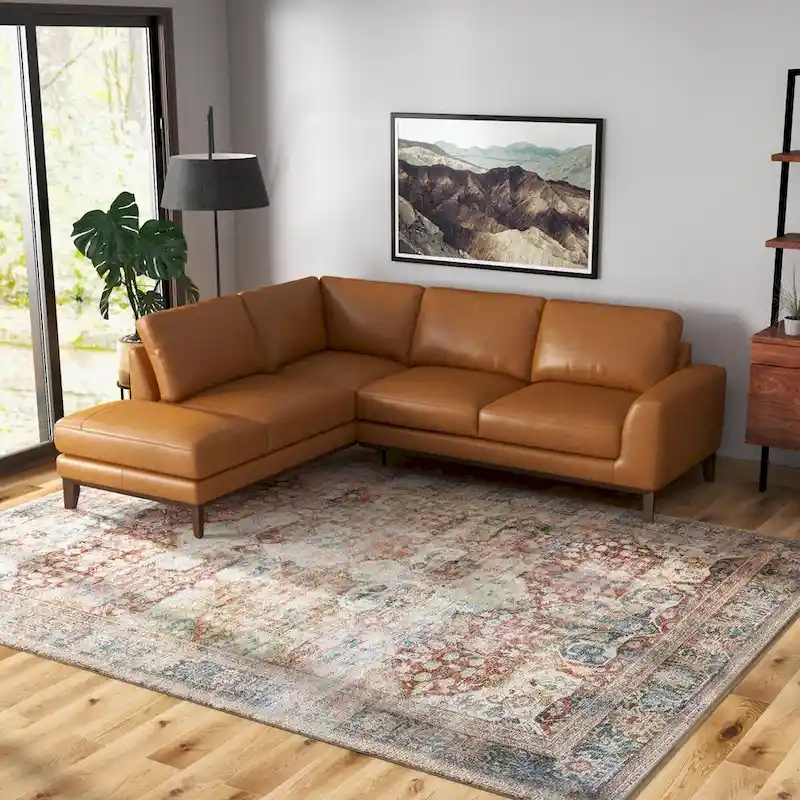 Miamo Mid Century Living Room Top Leather Corner Sectional Sofa in Tan
