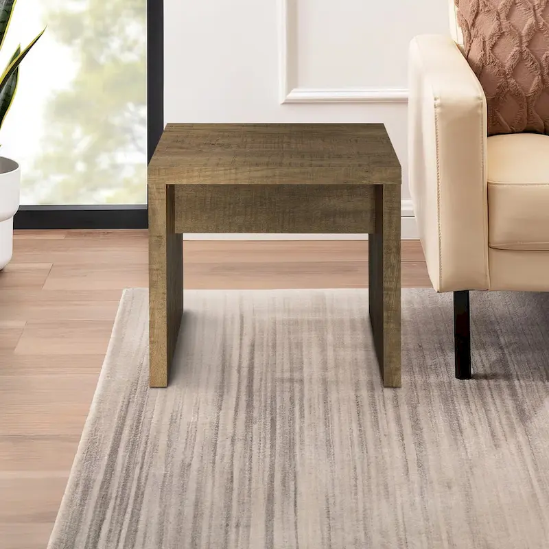 Nette 24 Inch End Table with Rough Hewn Saw Marks, Wood, Natural Brown