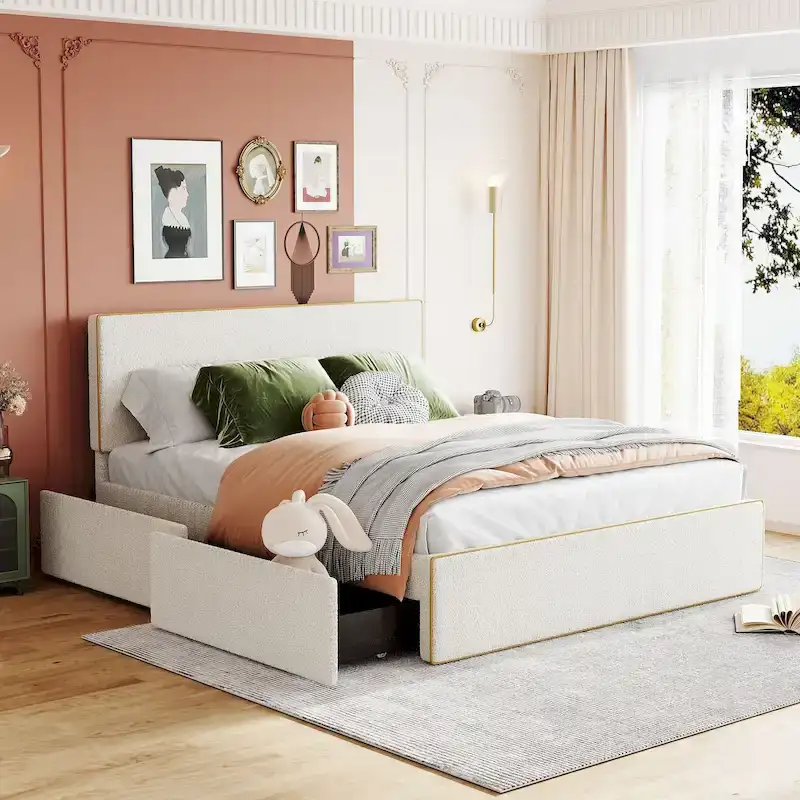Upholstered Platform Bed with 4 Drawers and Golden Edge