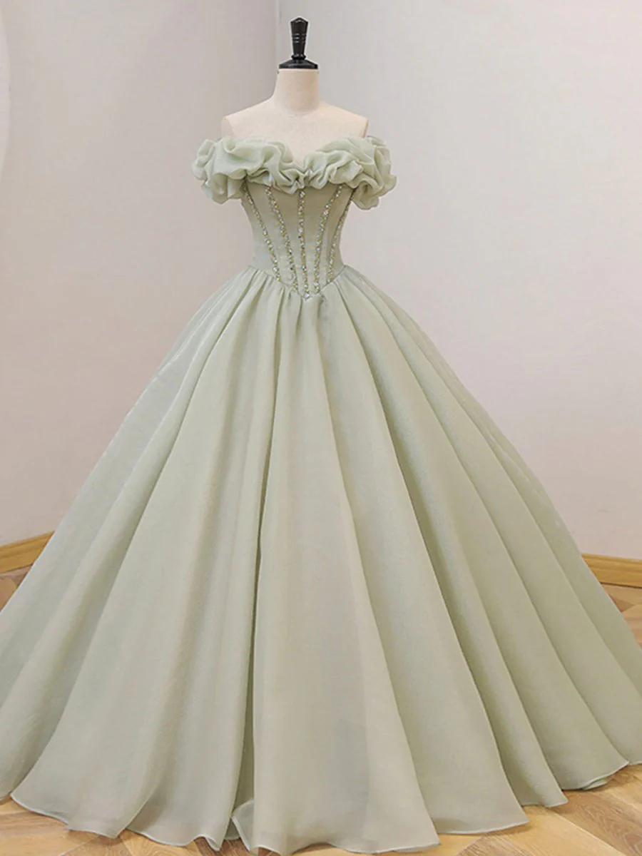 Quinceanera Dress Green Long Prom Tulle Dresses with Beading