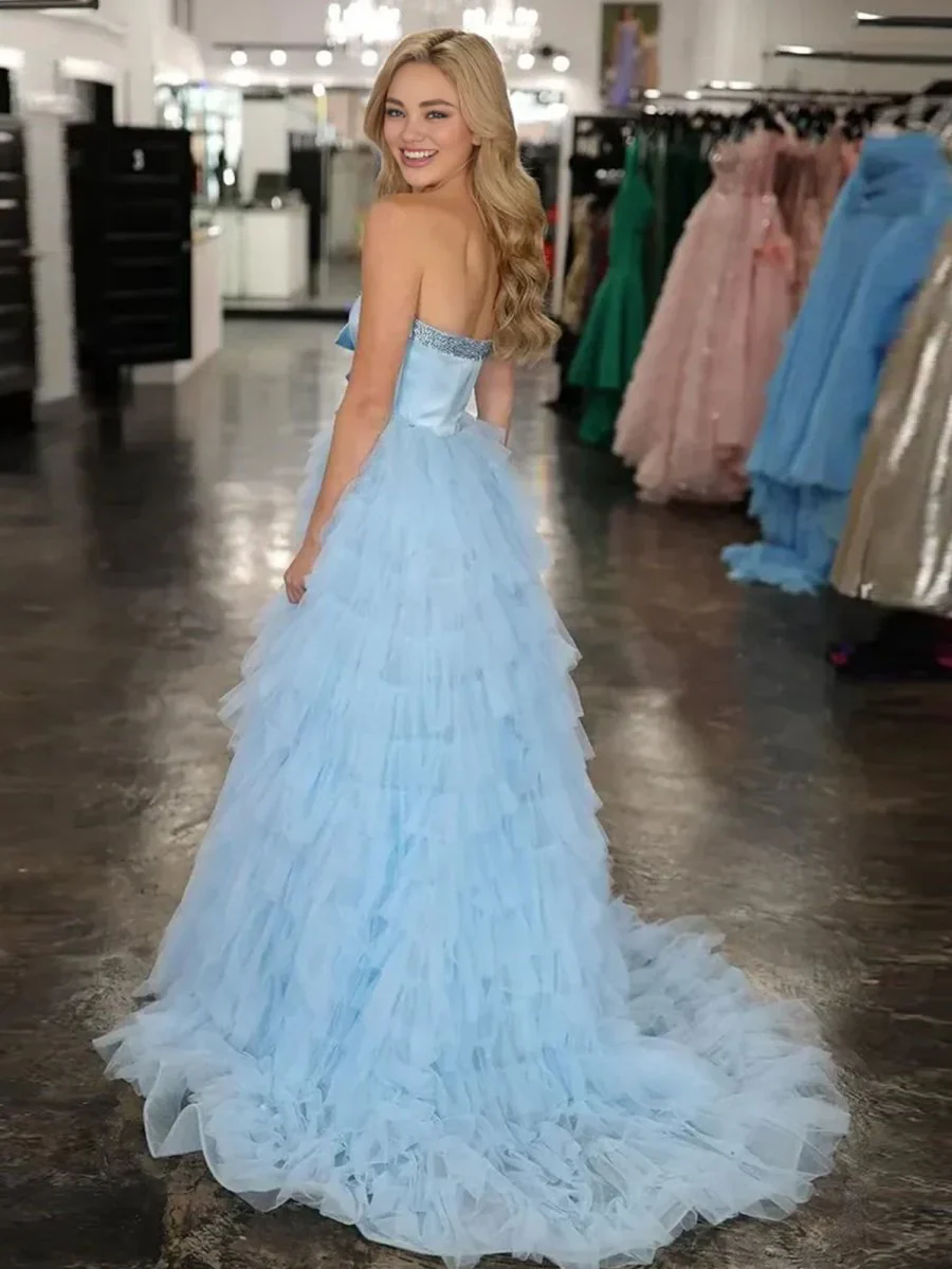 Black Strapless Bow Ruffle Long Prom Dress with Slit