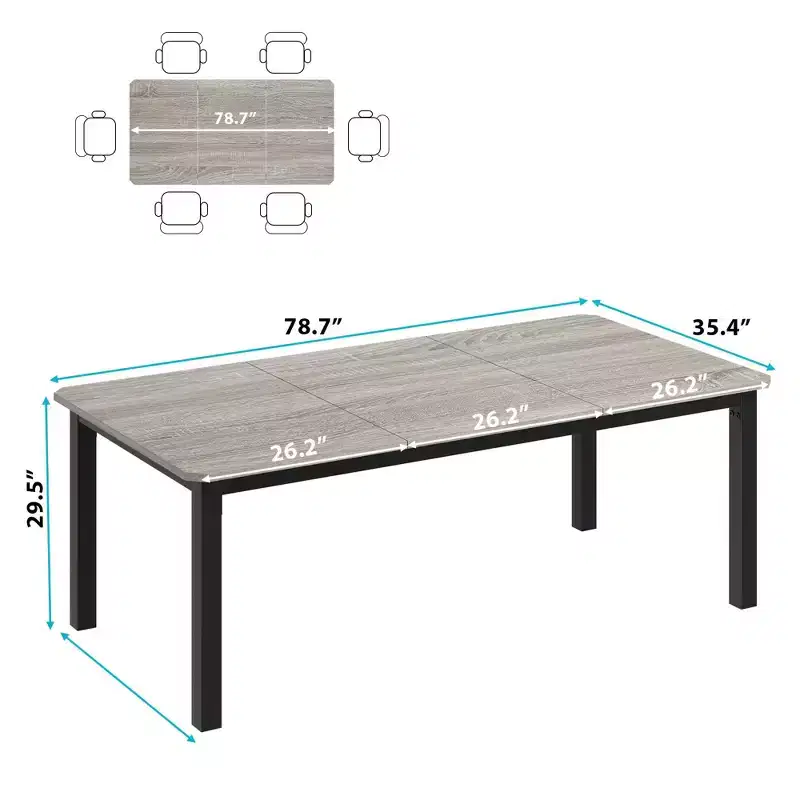 78.7 Industrial Wood Dining Table for 6-8 People, Rectangle Kitchen & Dining Room Table for Dinners or Meetings, Kitchen and Dining Spaces.