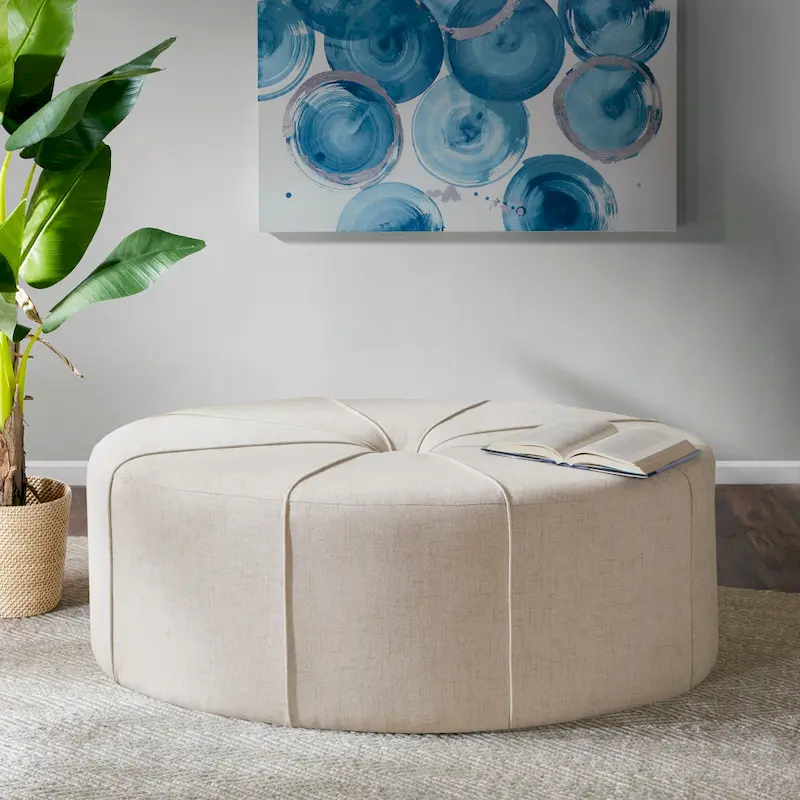 Blue / Cream / Grey Oval Tufted Ottoman, Seats 1