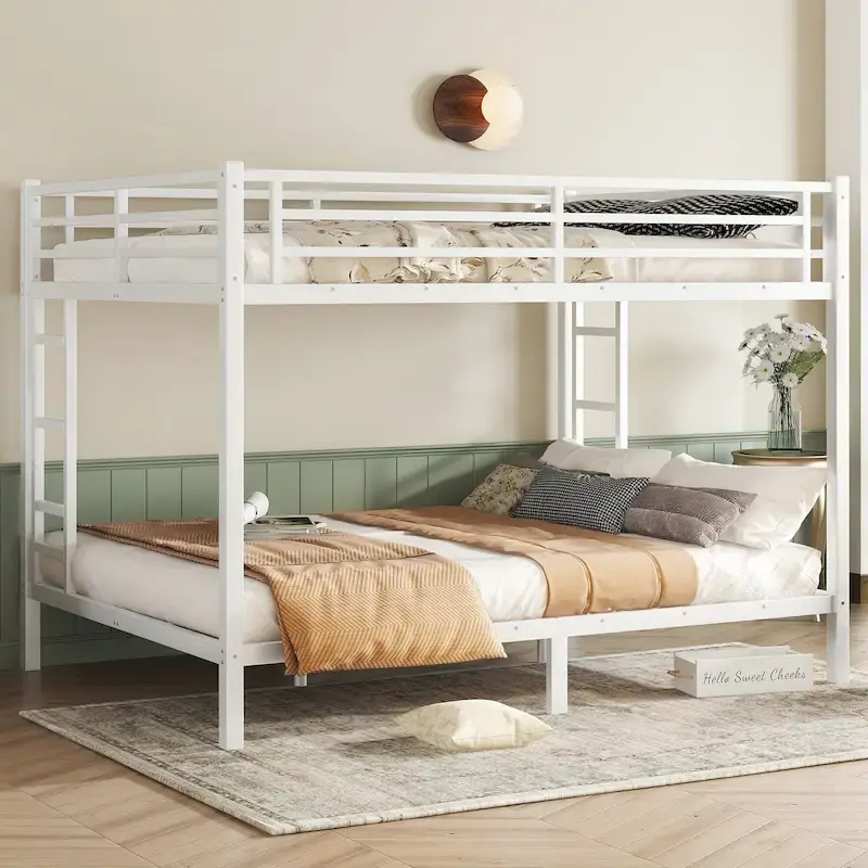 Queen Over Queen Metal Bunk Bed – Heavy Duty Steel Frame, White