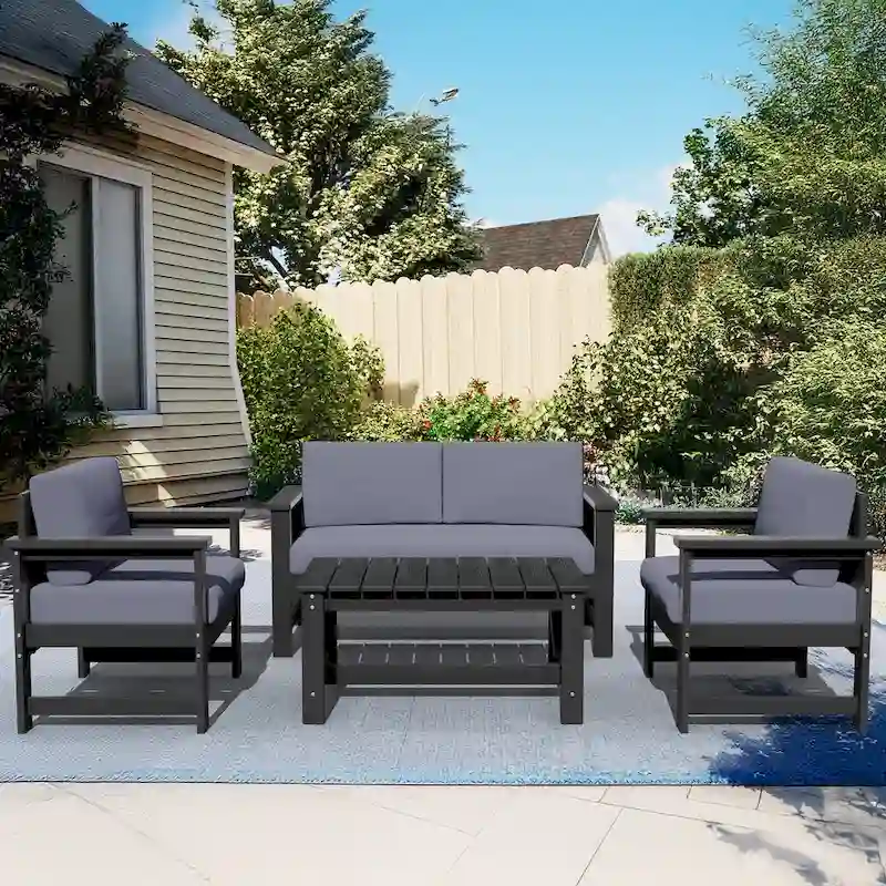 Outdoor Patio HDPE Sectional Sofa and Table Set, Removable Cushions Included, a Loveseat, 2 Single Sofas