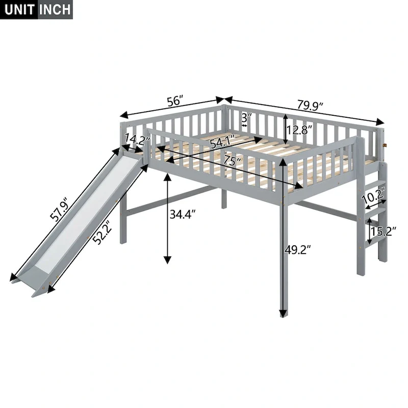 Full Pine Low Loft Bed with Slide