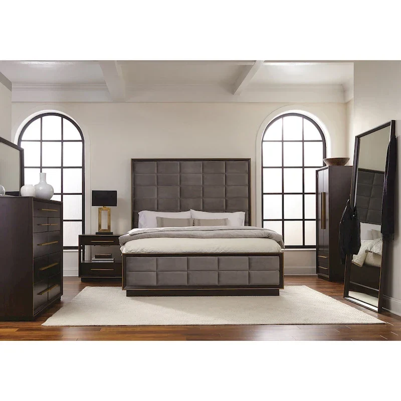 Grey & Smoked Peppercorn Upholstered Panel Bed, Modern Style, No Box Spring Needed