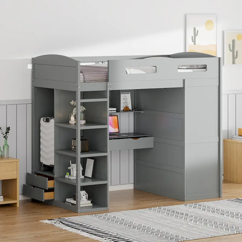 White/Grey Loft Bed with Desk, Wardrobe & Storage, Twin/Full, 1-Person
