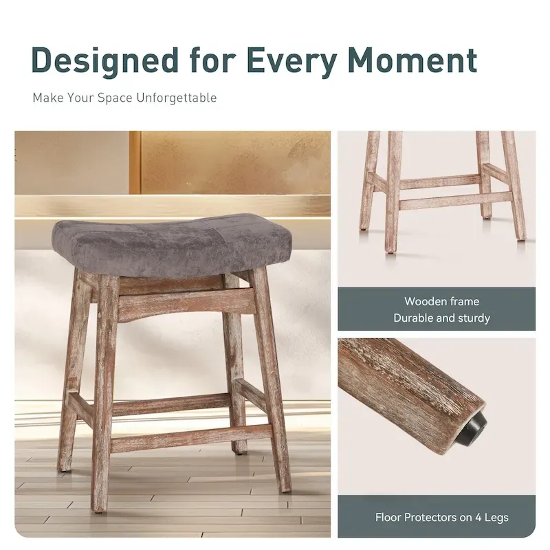 24 Inch Solid Wood Barstools with Linen / PU Leather Fabric Cushion, Set of 2