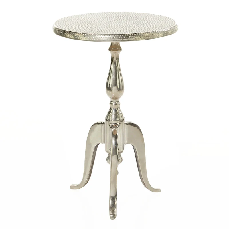 Aluminum Metal Small Turned Accent Table with Hammered Top and Scroll Legs - Silver - Roche River Decor - 15W x 15L x 22H