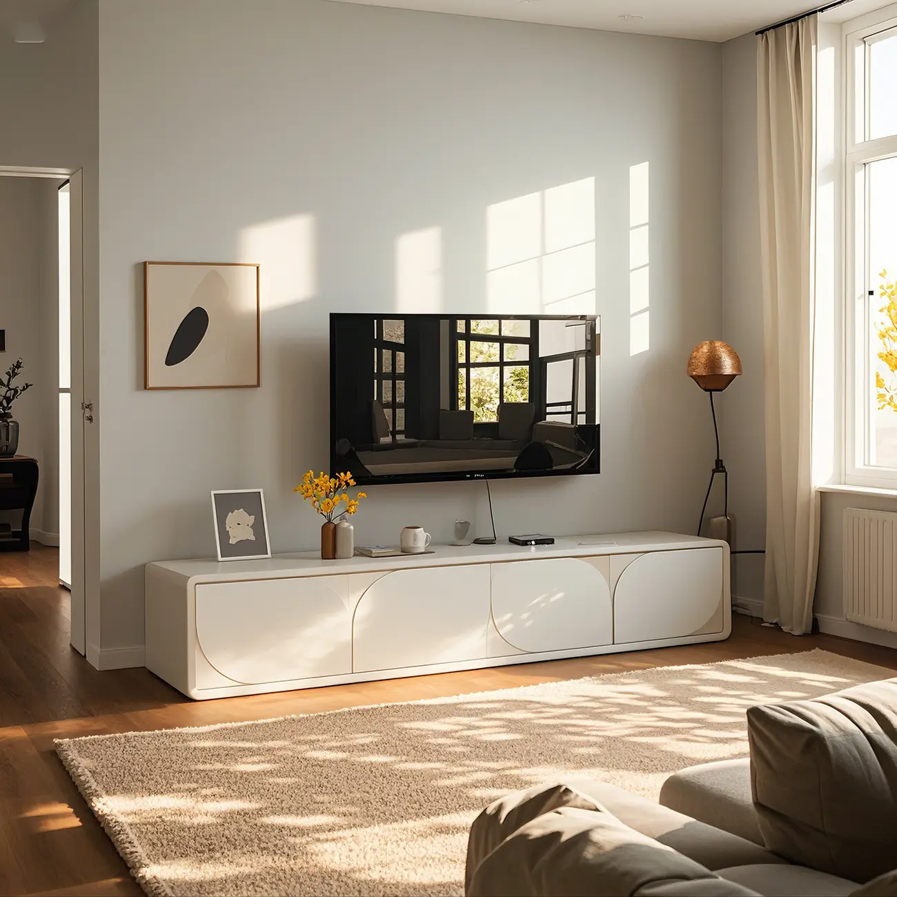 Walnut Wood Curved Cabinet Door TV Stand Cable Management