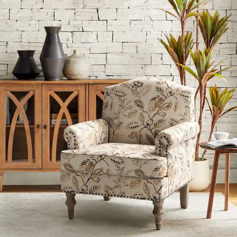 Grey/Navy Farmhouse Nailhead Camelback Armchair, 1-Person
