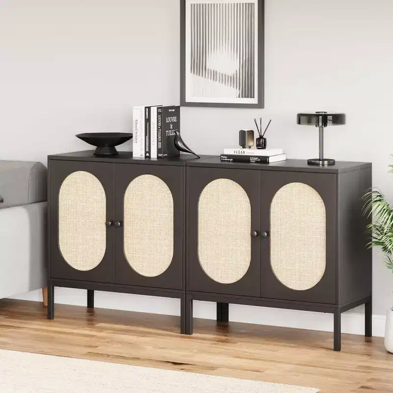 COZONY Woven Rattan Sideboards, Kitchen Cabinet with 2 Doors & Adjustable Shelves,Storage Cabinet with Worktop for Kitchen, Living Room, Hallway