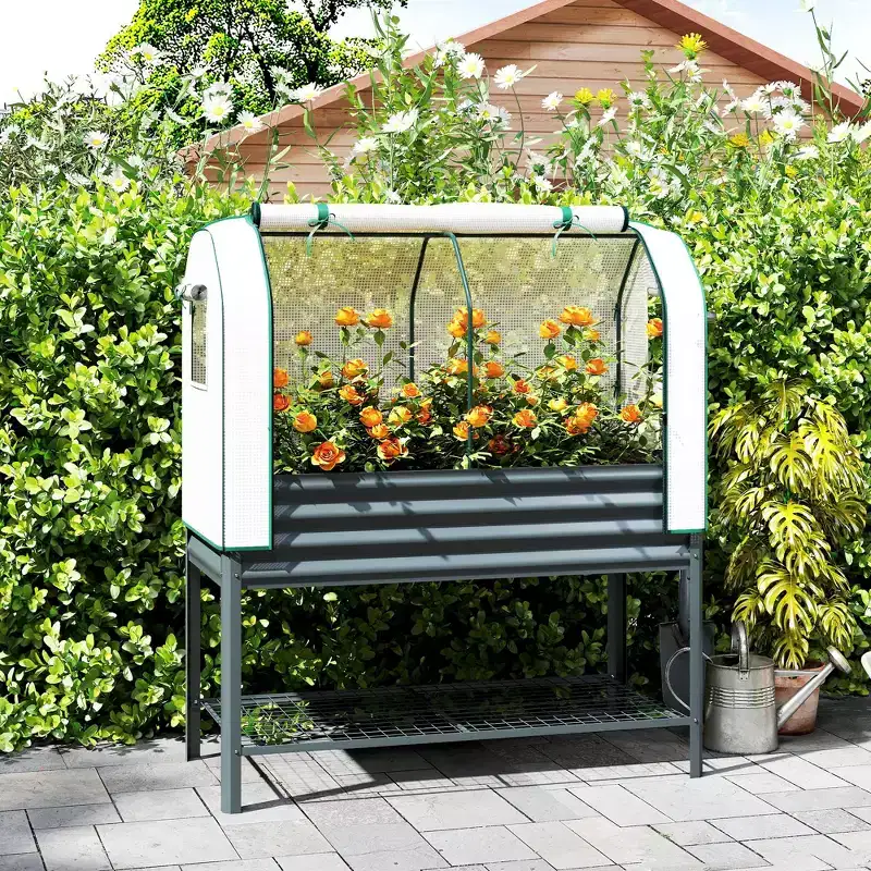 Outsunny Galvanised Raised Garden Bed with Greenhouse Cover, Metal Elevated Garden Bed with Bed Liner and Bottom Shelf