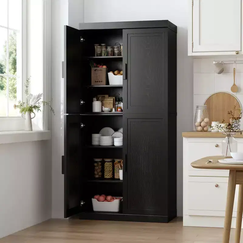 67 Black Wood Grain 6-Story Decorative Storage Cabinet with Wicker Door