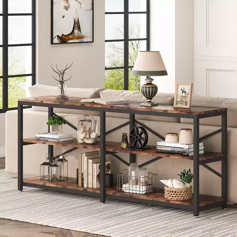 Lantine 70.9-Inch Extra Long Console Table, Modern Sofa Table with Storage Shelves, 3-Tier Industrial Hallway Entryway Table for Living Room, Brown