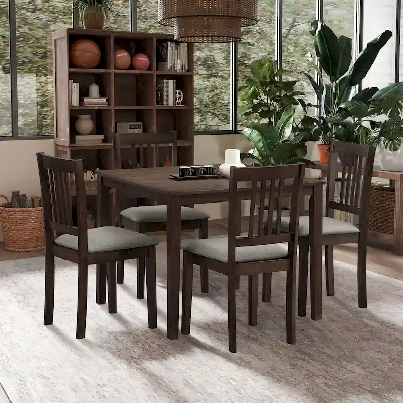 Modern 5-Piece Dining Set with Square Table & 4 Slat Back Upholstered Chairs