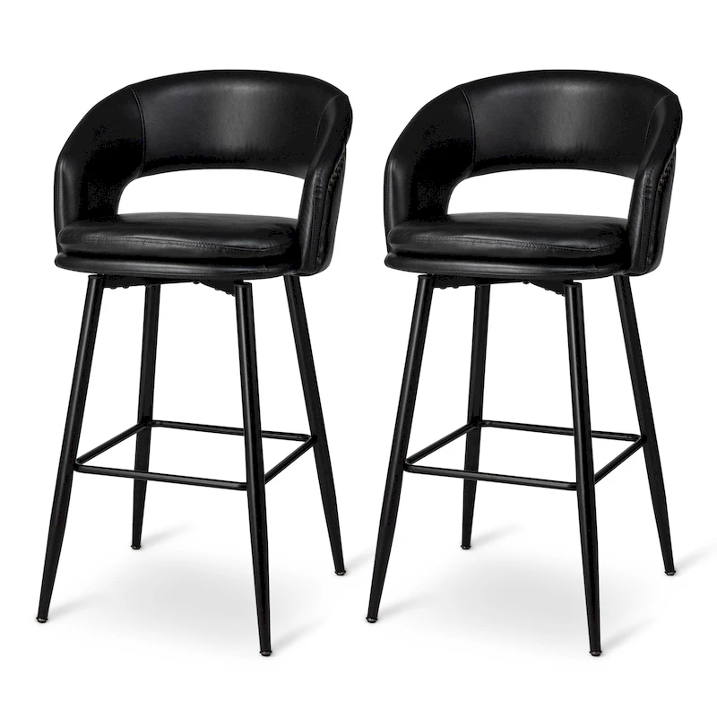Glitzhome Set of 2 Mid-Century Modern 40.5H Faux Leather Bar Stools with Nailhead Trim