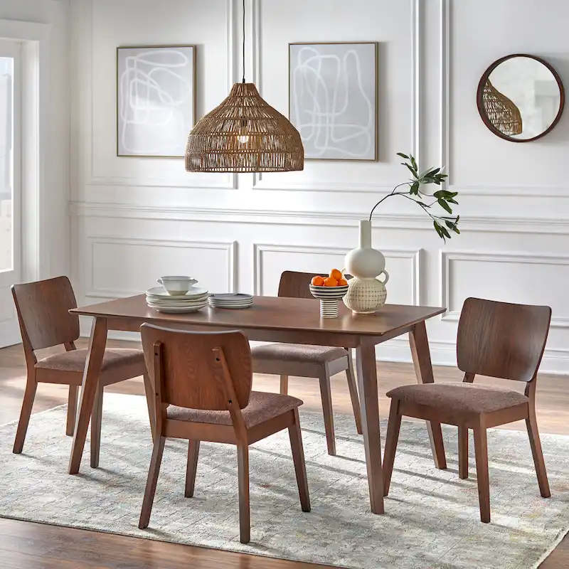 Walnut Mid-Century Dining Table with 4 Brown Chairs