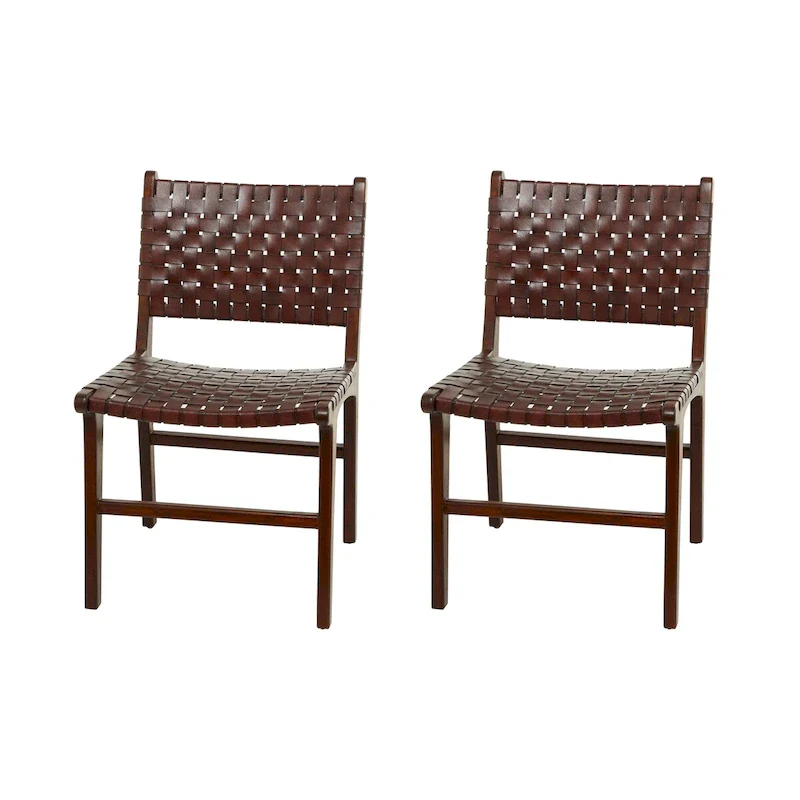 Woven Leather Dining Chair with Teak Wood Frame, Brown / White / Black, Set of 2 (1 Person Each)
