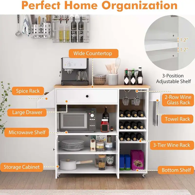 Rolling Kitchen Cart Kitchen Island Cart w/ Drop-Leaf & Power Outlet