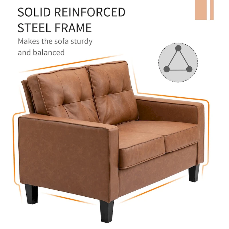 HOMCOM 51  Wide Double Sofa with Armrest, 2-Seater Tufted PU Leather and Pocket Spring Sponge Padded Cushion, Brown