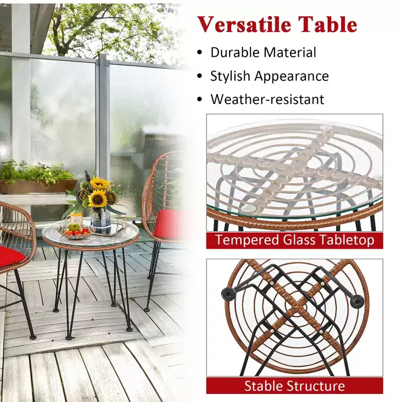 Costway 3PCS Patio Rattan Bistro Set Coffee Table Armchair Garden