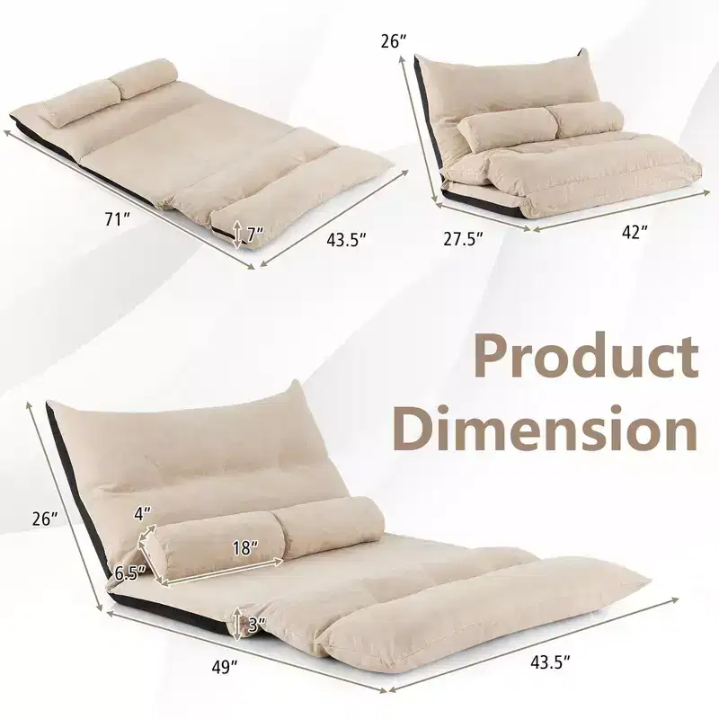 Costway Convertible Lazy Sofa Bed with 42-Level Adjustable Backrest&2 Lumbar Pillows Gray/Beige