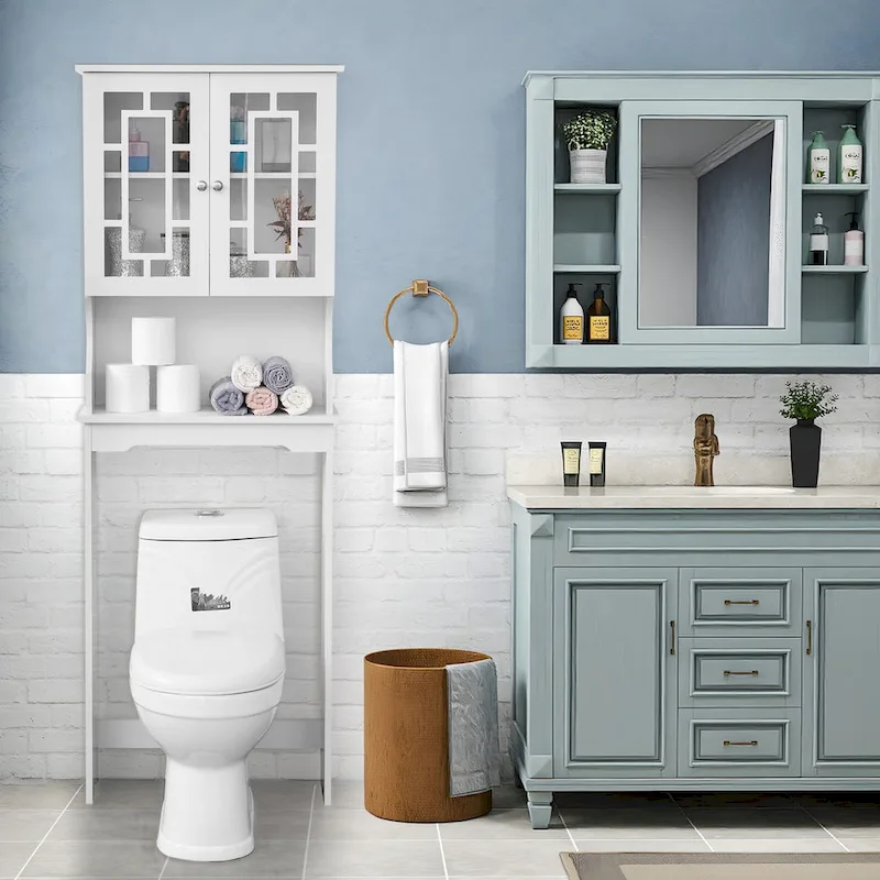 Bathroom Organizer Over-The-Toilet Storage with 2 Glass Doors and Adjustable Shelf