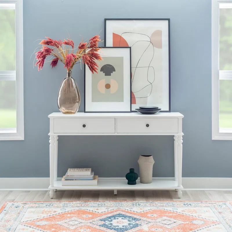Rustic White Farmhouse Console Table with 2 Drawers