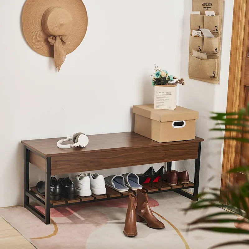 Lift-Top Shoe Storage Bench with Shelf, Walnut/Gray Finish, 47.2