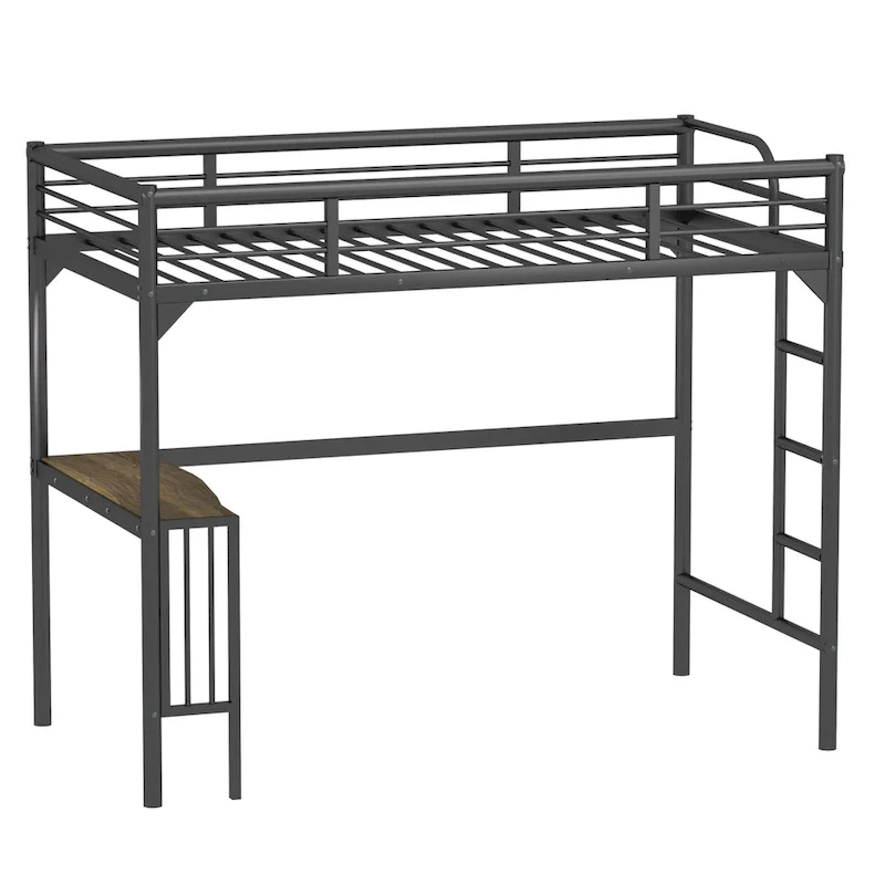 Black Twin Size Metal Loft Bed with Desk and Guardrails