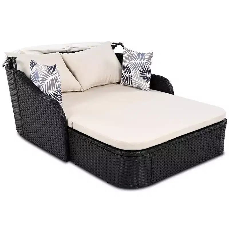 GDFStudio Sidney Patio Modern PE Rattan Double Chaise Lounge Daybed with Adjustable Canopy, Cushions and Pillows