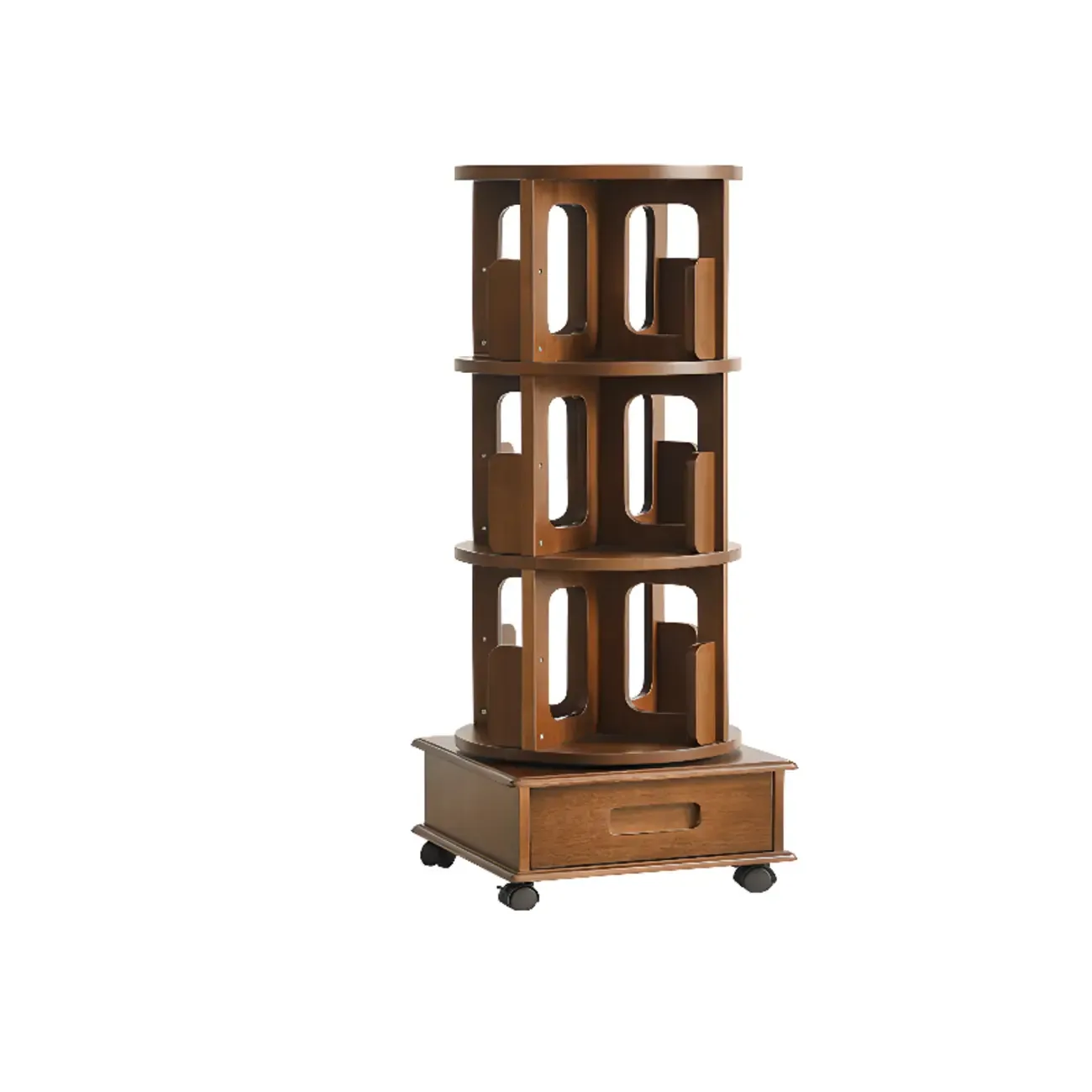 Narrow Rotating Cherry Wood Vertical Bookcase With Drawer