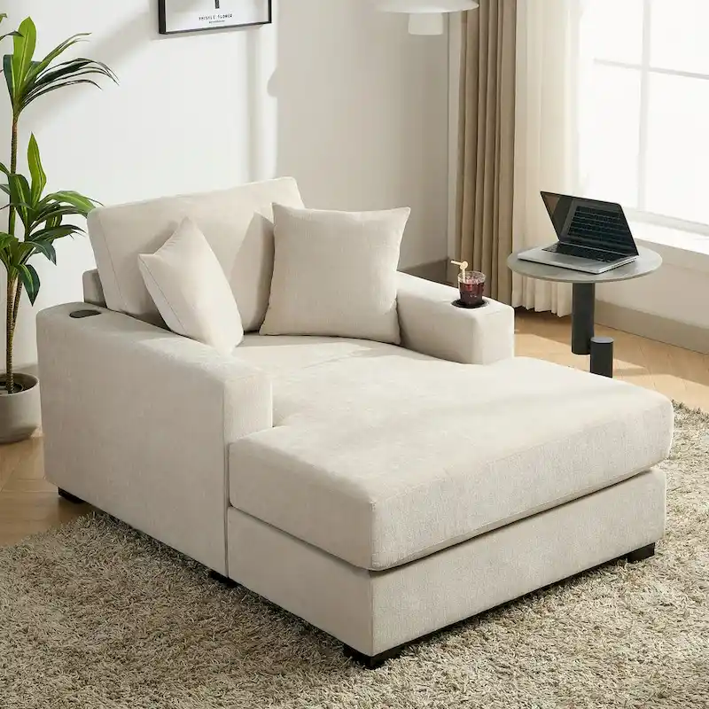 43.5" Chenille Fabric Chaise Lounger Sofa Couch with Pillows, Charge Station & Cup Holders