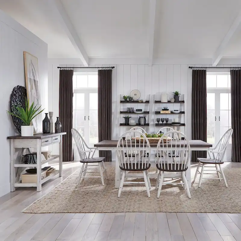 Farmhouse Two Tone White Wood Tone 7 Piece Trestle Table Set