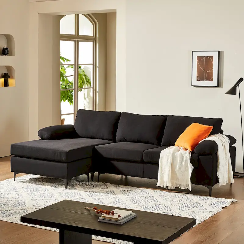 Reversible Chaise Sofa With Fluffy Cushions Metal Legs