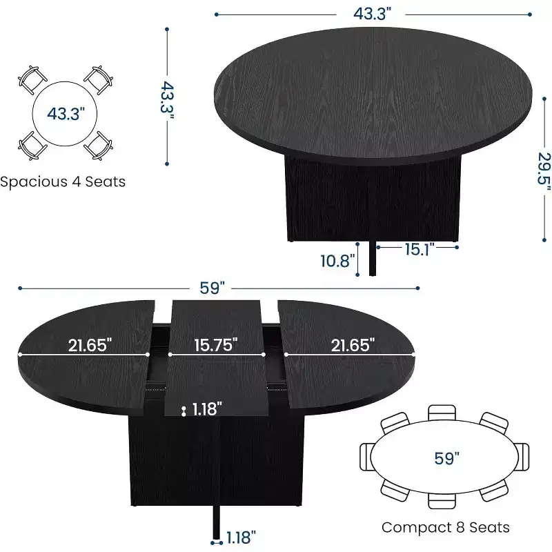43.3''-59'' Extendable Round Dining Table for 4-8, Modern Kitchen Oval Dining Table with Removable Leaves, Dinner Table for Dining Room, Kitchen
