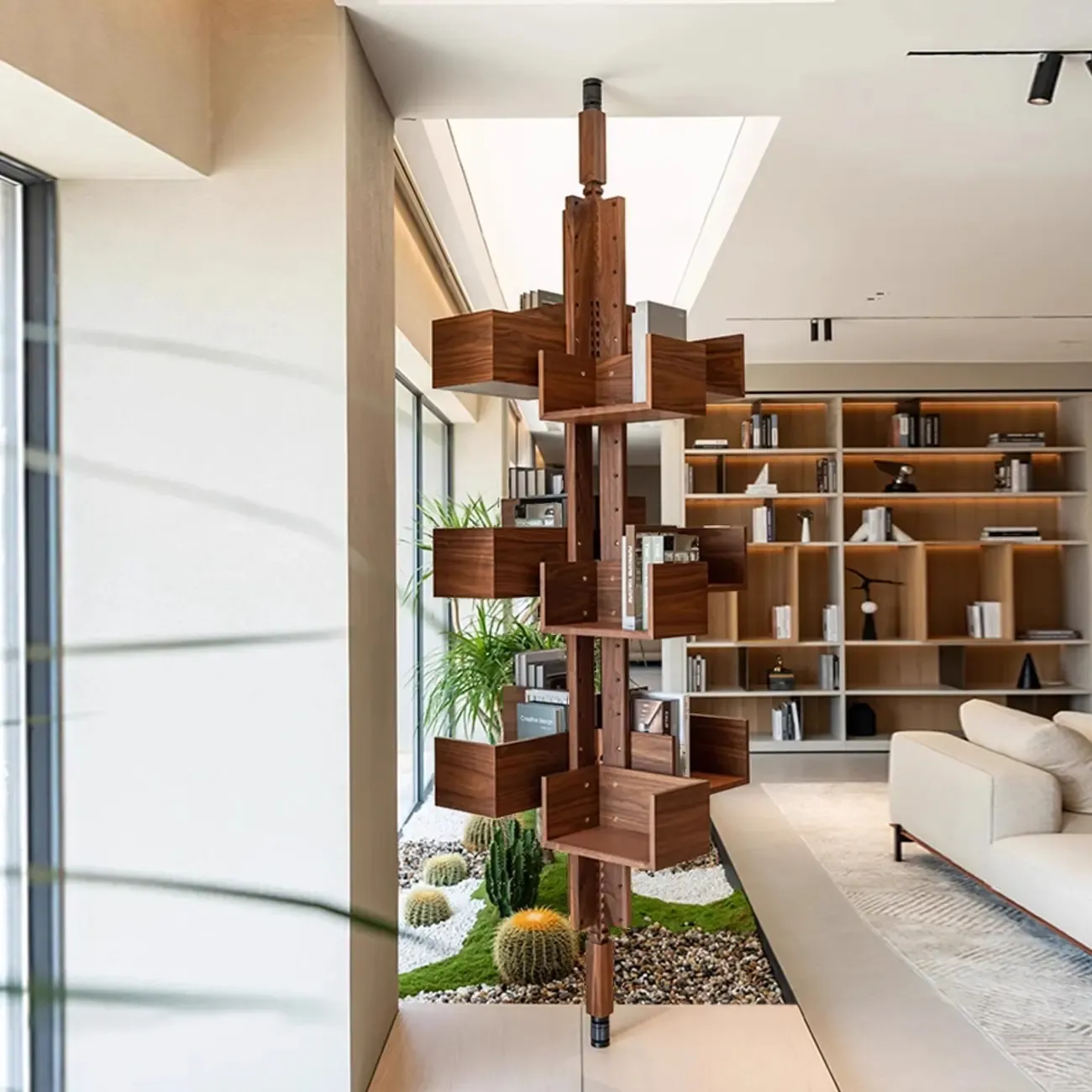 Swivel Vertical Nut Brown Wood Bookcase with Closed Back