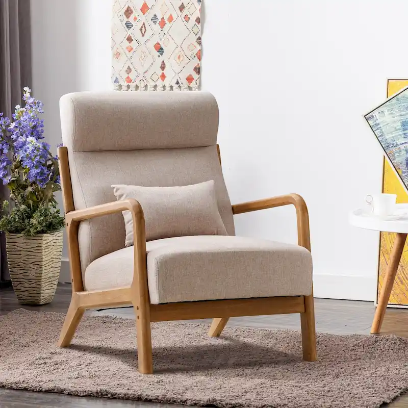 White / Green / Brown Linen Accent Chair with Wooden Legs, 1-Seat, Includes Pillow