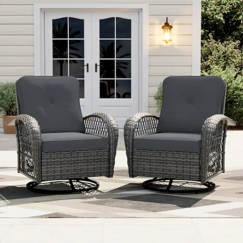 UPHA Wicker Outdoor Rocking & Swivel Chair 2-Piece Set with Cushions