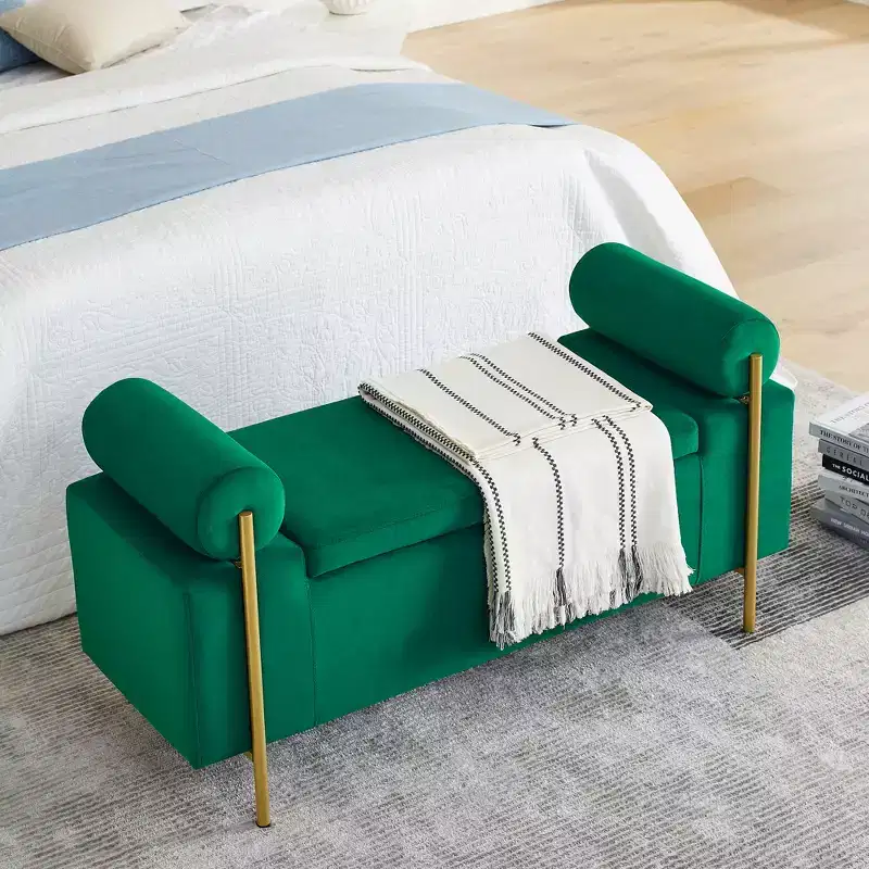 MAYEERTY Elegant Upholstered Line Storage Bench with Cylindrical Arms and Iron Legs for Hallway Living Room Bedroom Green