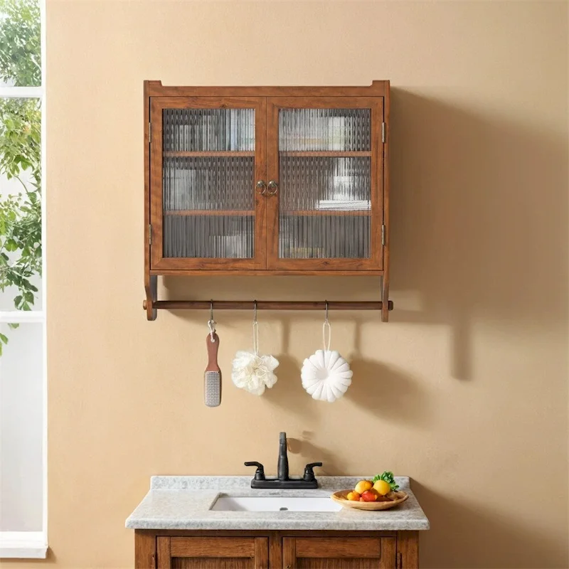 24.8 Glass Door Vintage Double Door Wall Cabinet with Three Tiers