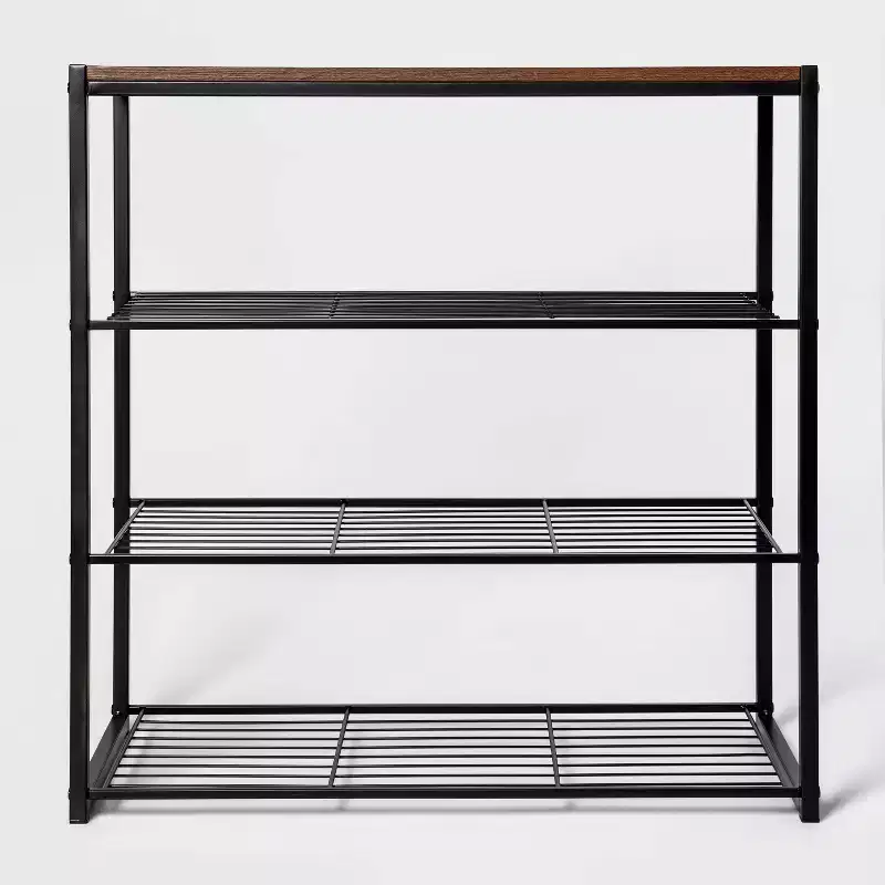 4 Tier Shoe Rack Black Metal with Walnut Wood - Brightroom™
