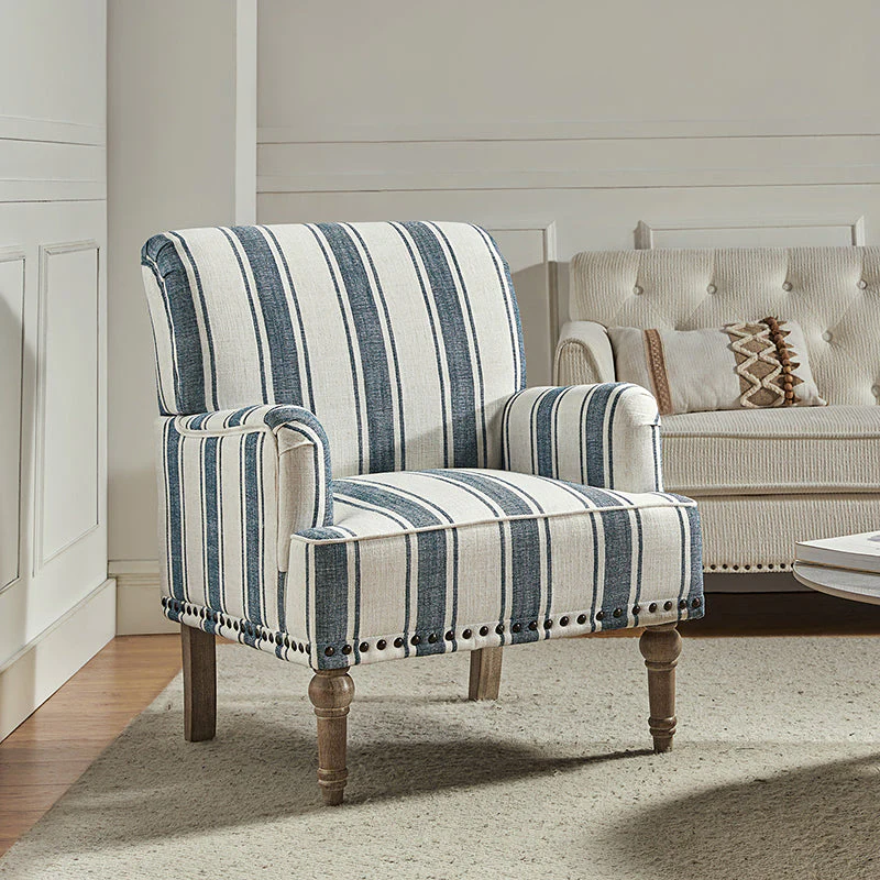 Stripe Polyester Armchair with Nailhead Trim, Square Arms & Carved Smoky Grey Wood Legs | Navy / Grey / Black / Blue | Single Seat