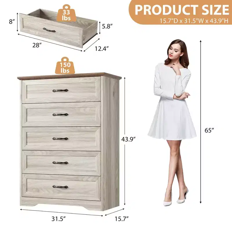 5 Drawers Dresser Chest with Wide Metal Handles, Beige, Farmhouse Modern Wooden Storage Organizer for Bedroom/Living Room/Kids Room
