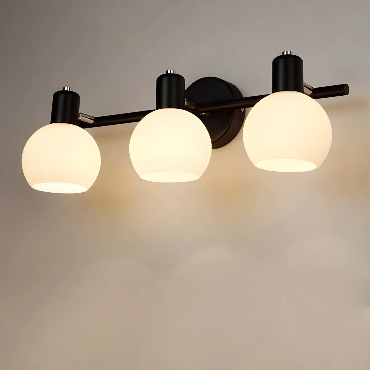 Modern 3 Heads Black Vanity Lights with White Glass Shade