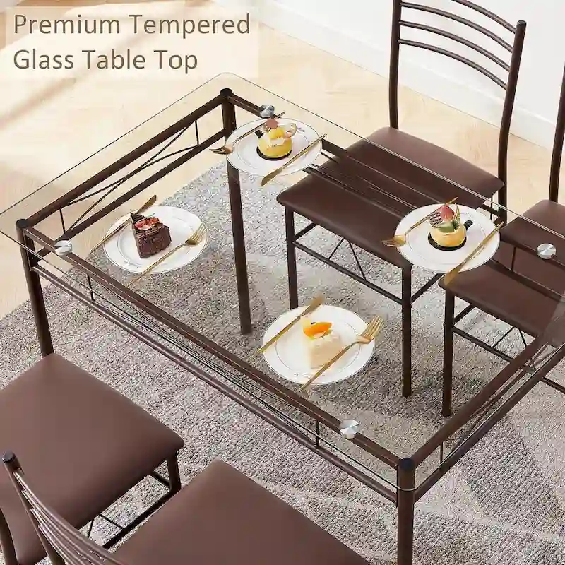 5-pieces Modern Dining Sets,Tempered Glass Table Top and 4 PU Chairs