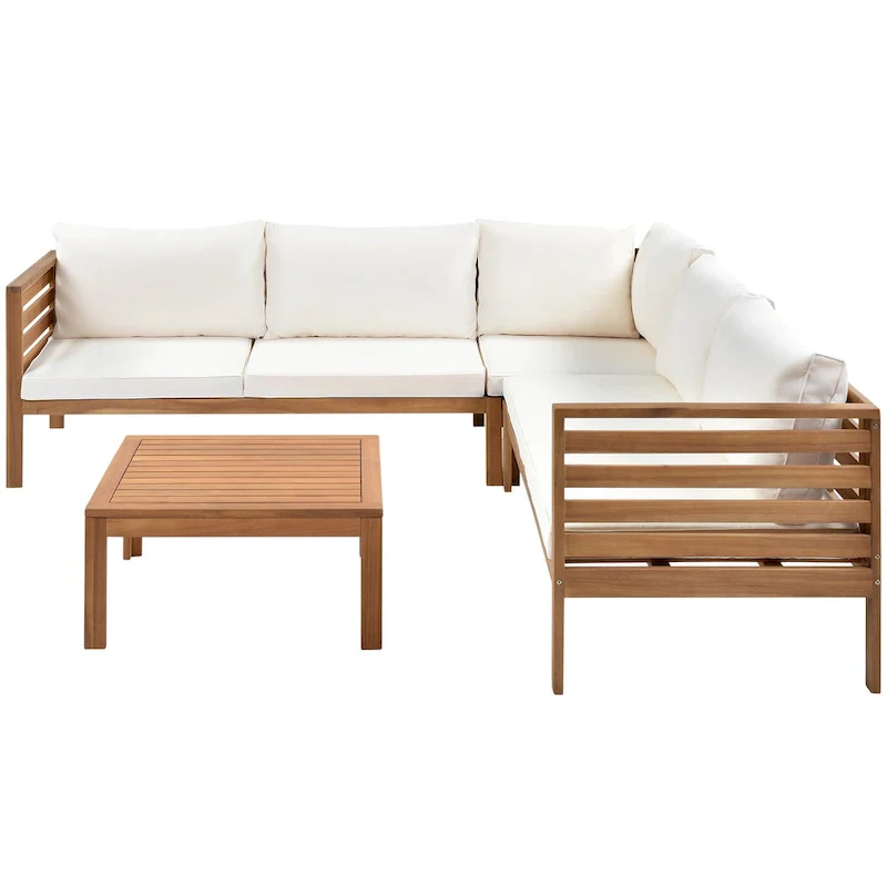 4-Piece Acacia Wood L-Shaped Sectional Sofa Set with Table