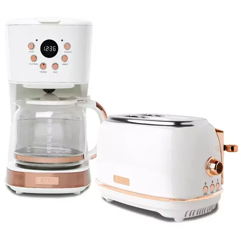 Haden Heritage 2 Slice Wide Slot Stainless Steel Toaster Bundled with 12 Cup Programmable Drip Coffee Maker Coffee Machine, Ivory  Copper